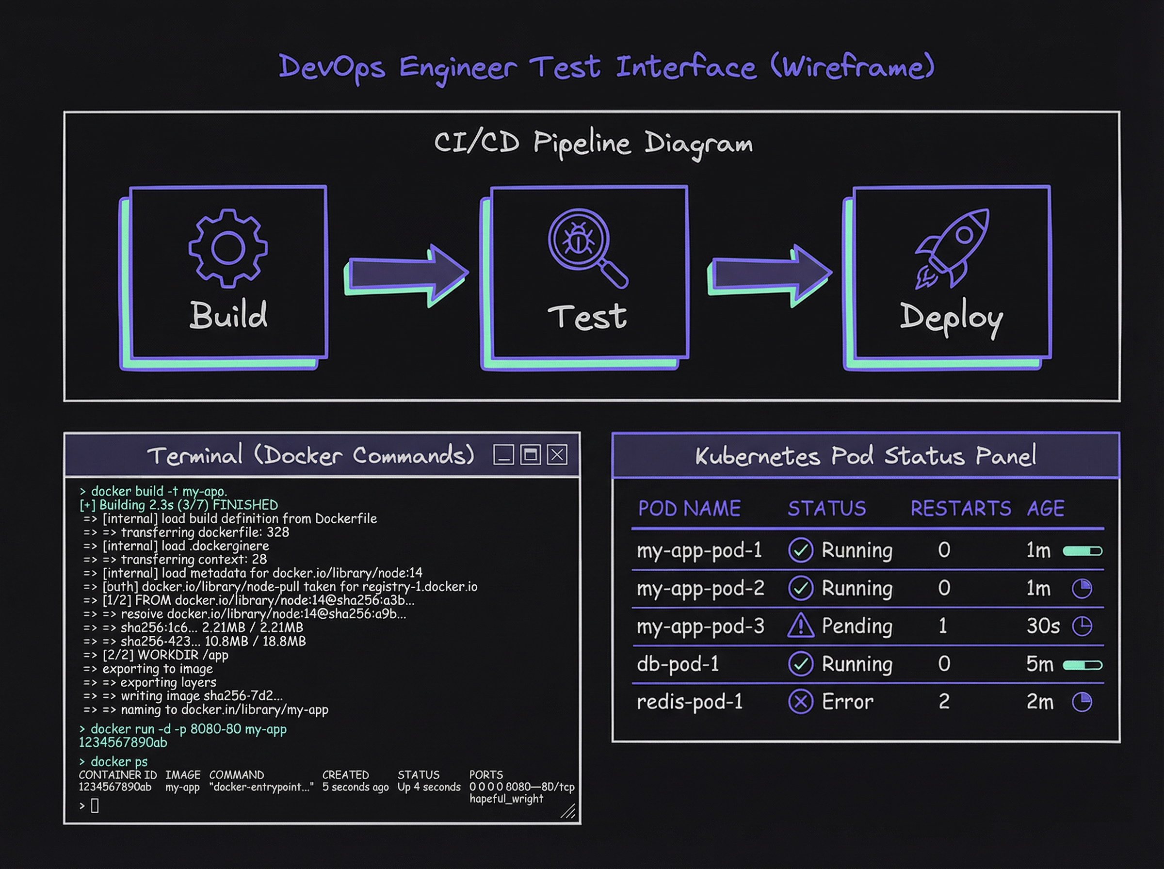 DevOps engineer test interface showing CI/CD pipeline, Kubernetes dashboard, and infrastructure code