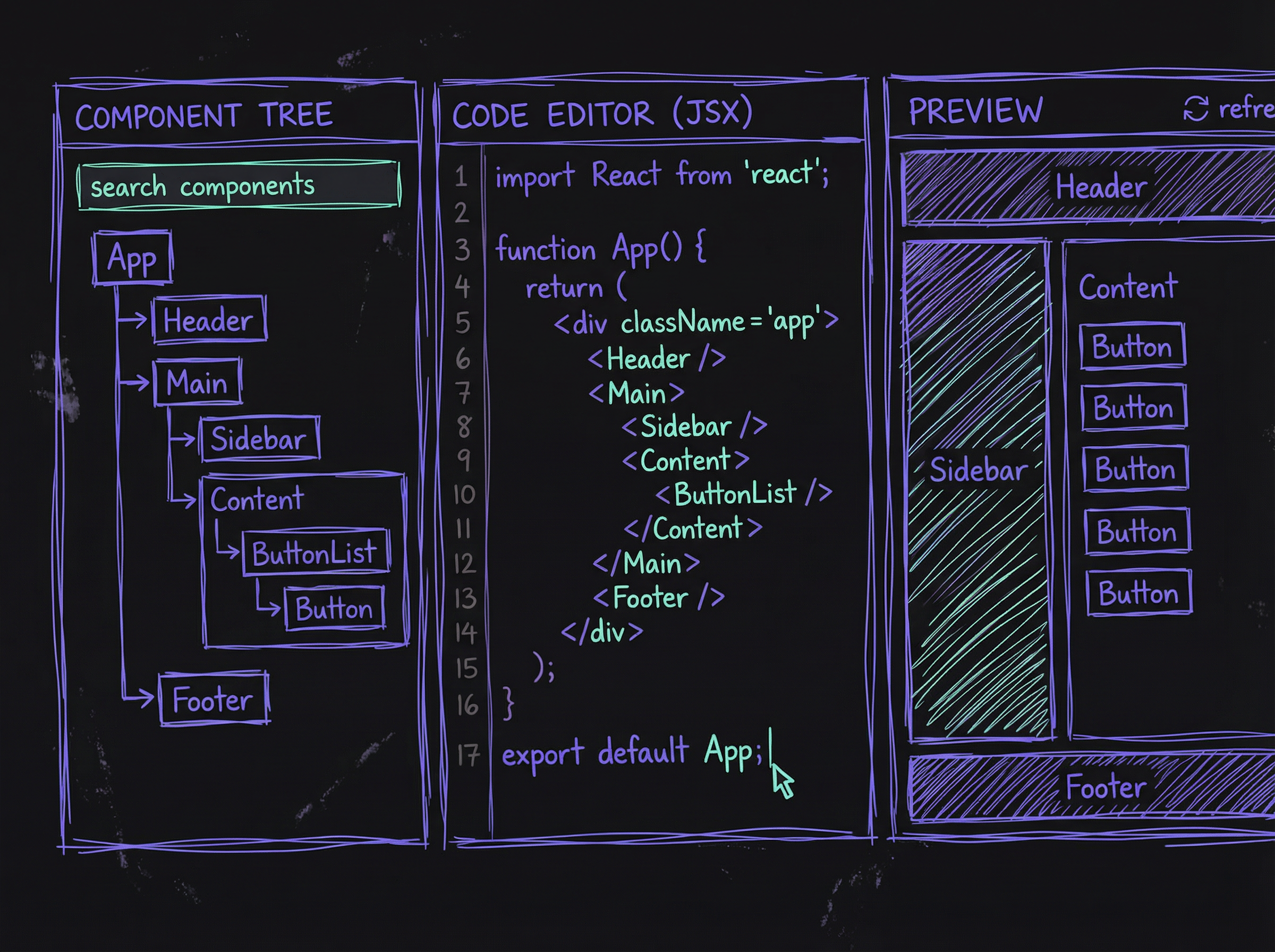 Frontend developer test interface showing component tree, code editor, and preview panel