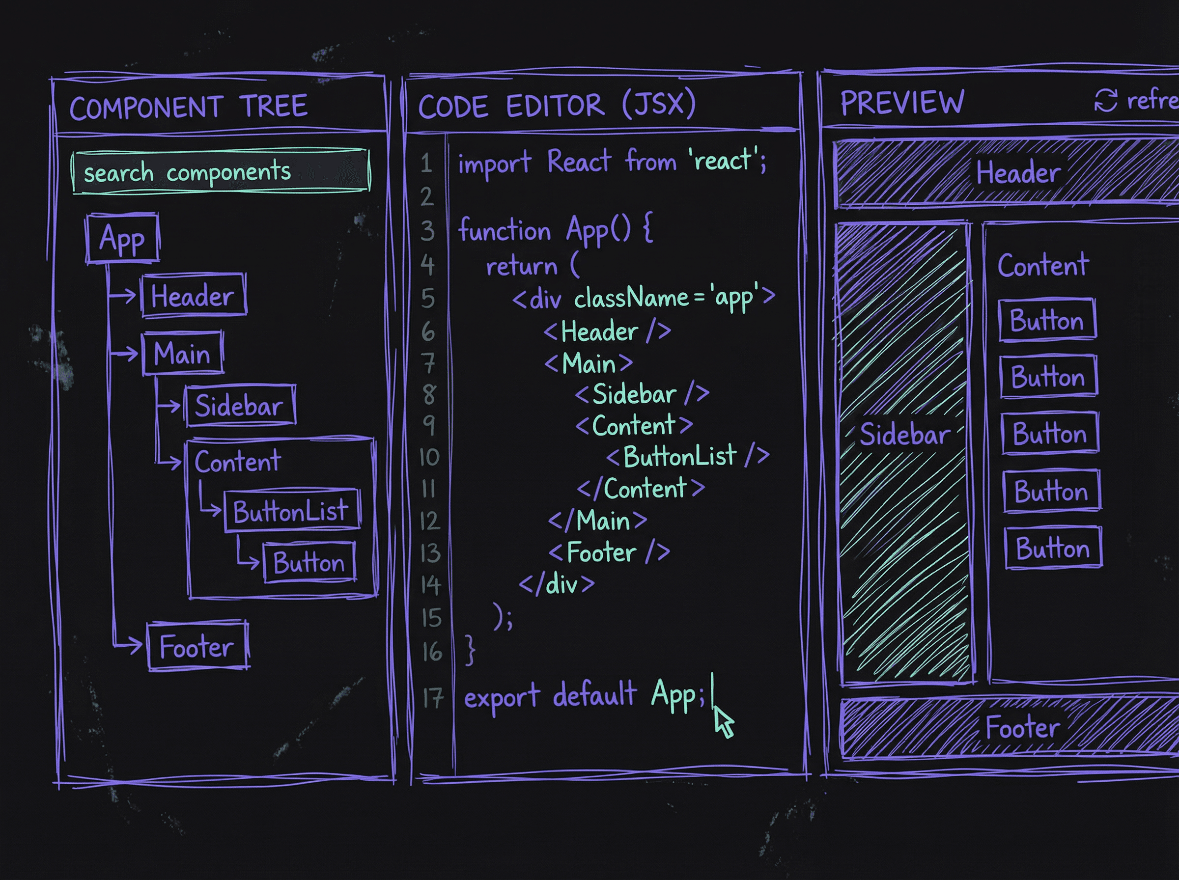 Frontend developer test interface showing component tree, code editor, and preview panel