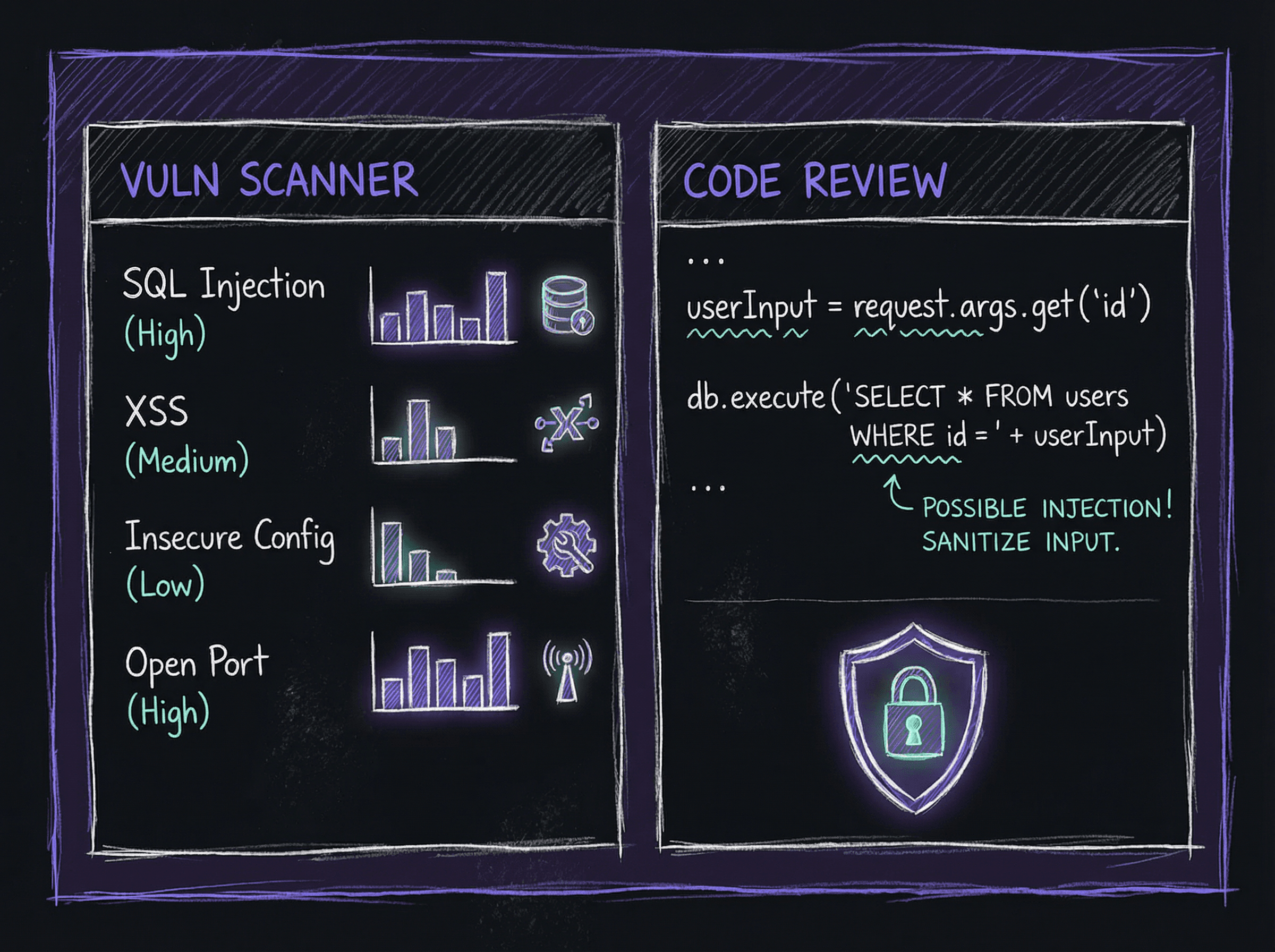 Security engineer test interface showing vulnerability scan results, code review panel, and threat model diagram