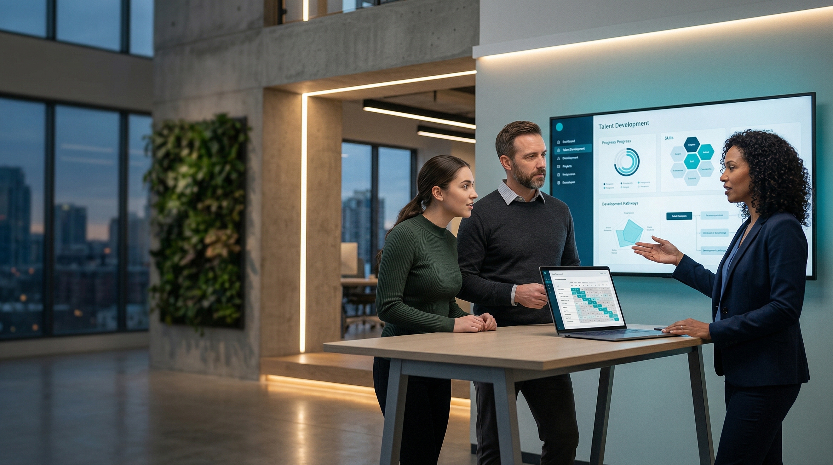 Talent and engineering leaders reviewing engineering upskilling progress together