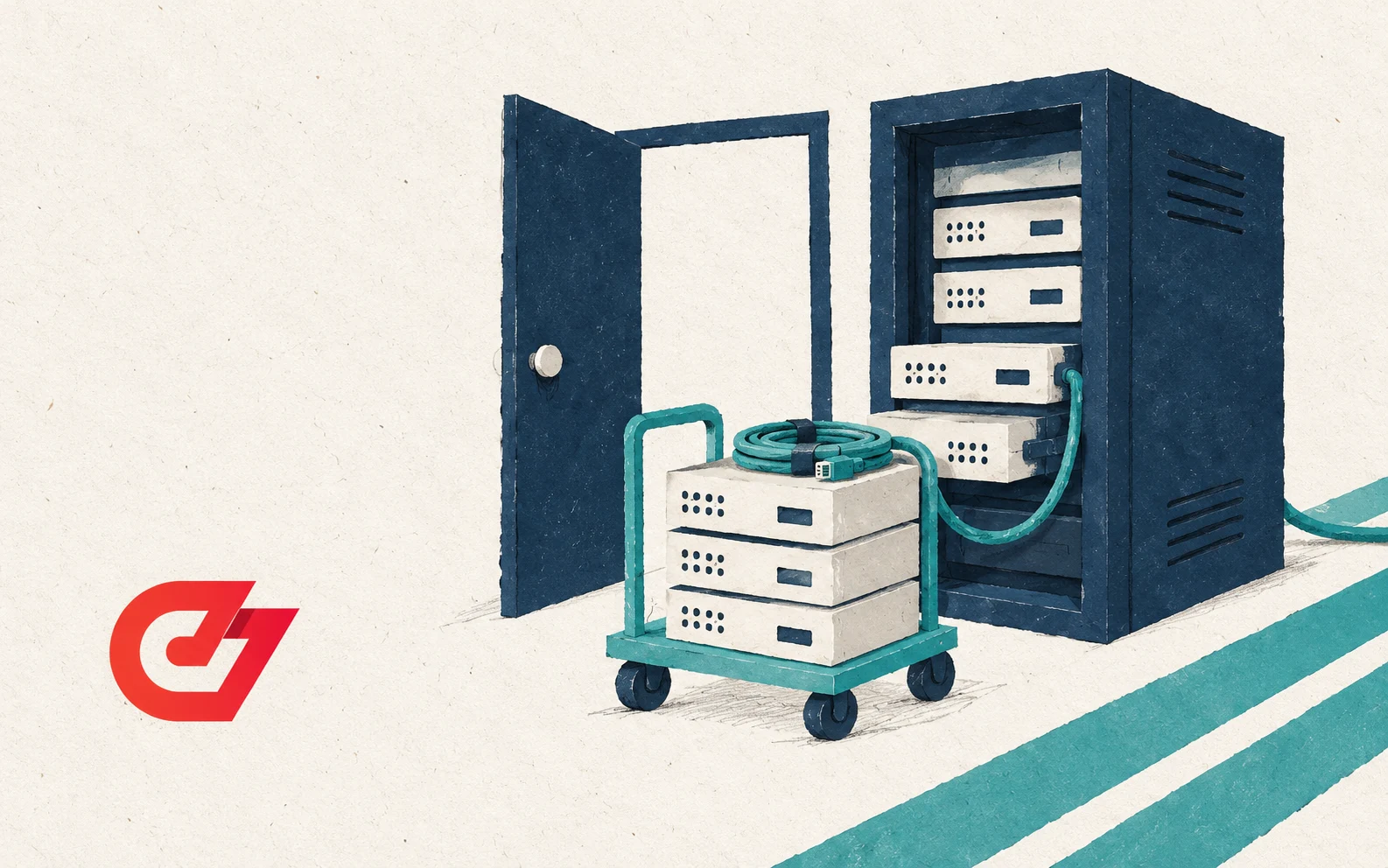 Paper collage of servers on a teal cart beside an open server cabinet, with the red CodeSubmit logo.